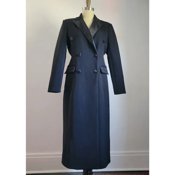 NWOT AVEC LES FILLES Classic BLACK LONG TUXEDO COAT SATIN COLLAR Peacoat M - Picture 2 of 4